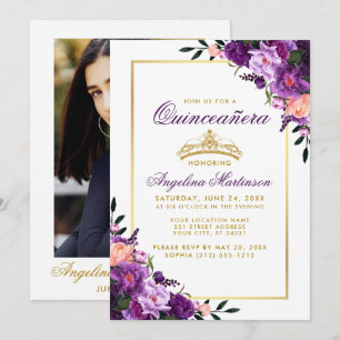 Invitación Quinceanera Purple Floral Crown de oro foto de vue