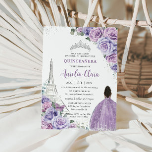 Invitación Quinceañera Purple Floral Paris Eiffel Brown Chica