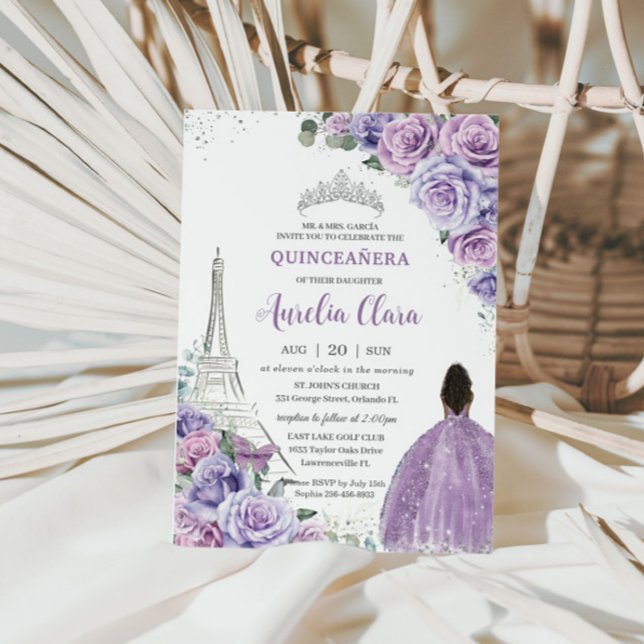 Invitación Quinceañera Purple Floral Paris Eiffel Brown Chica (Subido por el creador)