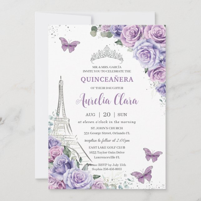 Invitación Quinceañera Purple Floral Paris Eiffel Butterflies (Anverso)