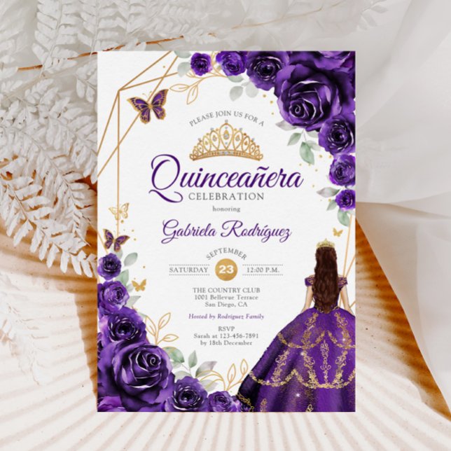 Invitación Quinceanera Purple Floral Vestido Dorado (Subido por el creador)