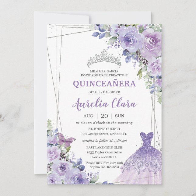 Invitación Quinceañera Purple Floral Vestido Plata Tiara (Anverso)