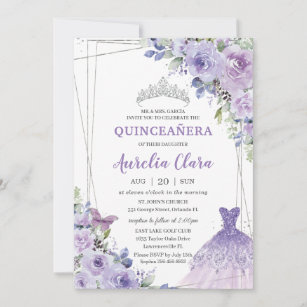 Invitación Quinceañera Purple Floral Vestido Plata Tiara