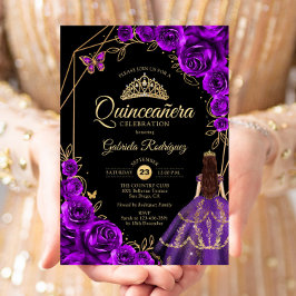 Invitación Quinceanera Purple Gold Butterfly Dress Floral
