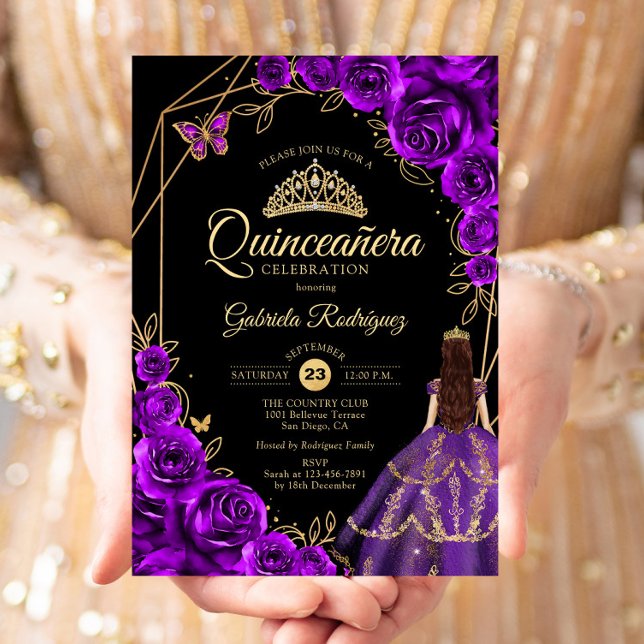 Invitación Quinceanera Purple Gold Butterfly Dress Floral (Subido por el creador)