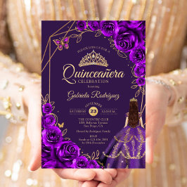 Invitación Quinceanera Purple Gold Dress Floral