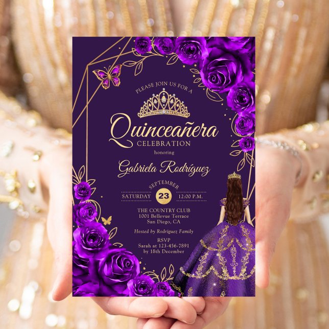 Invitación Quinceanera Purple Gold Dress Floral (Subido por el creador)