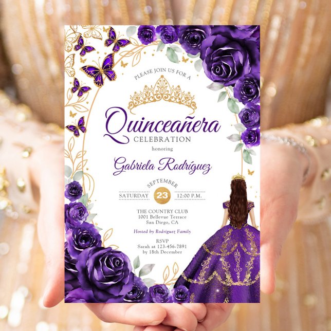 Invitación Quinceanera Purple Gold Floral (Subido por el creador)