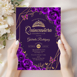 Invitación Quinceanera Purple Gold Floral
