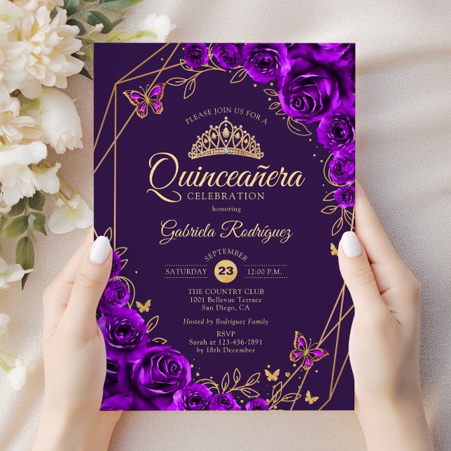 Invitación Quinceanera Purple Gold Floral (Subido por el creador)
