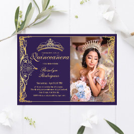 Invitación Quinceanera Purple Gold Quinceanera con foto