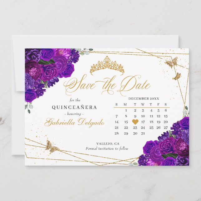 Invitación Quinceañera Purple & Gold Salva La Fecha (Anverso)
