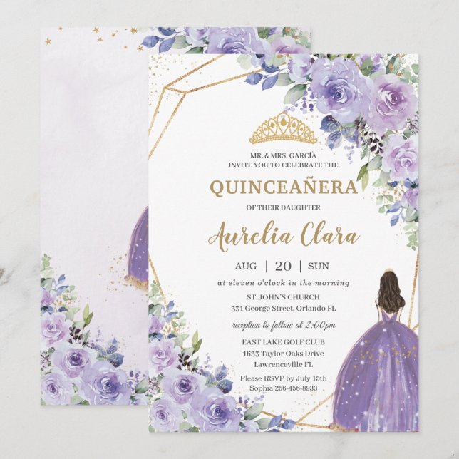 Invitación Quinceañera Purple Lavender Floral Gold Princess I (Anverso / Reverso)
