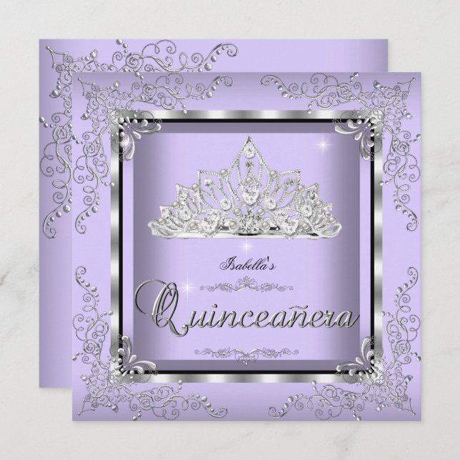 Invitación Quinceanera Purple Lavender Plata Diamante Tiara 3 (Anverso / Reverso)