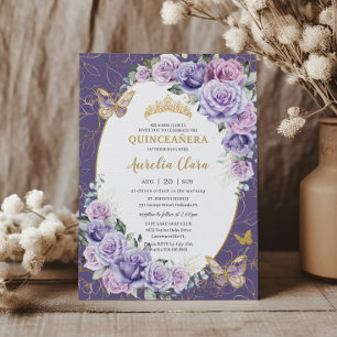 Invitación Quinceañera Purple Lilac Floral Butterflies Gold