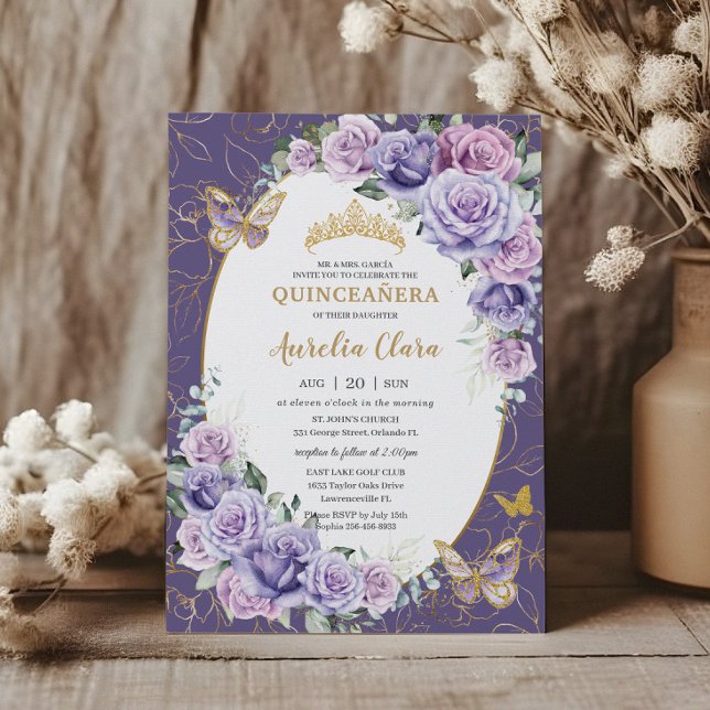 Invitación Quinceañera Purple Lilac Floral Butterflies Gold (Subido por el creador)