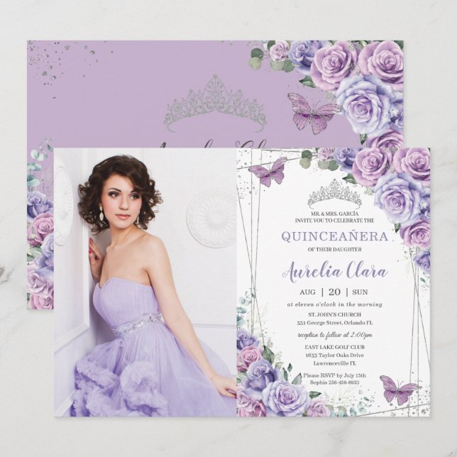 Invitación Quinceañera Purple Lilac Floral Butterflies Plata (Anverso / Reverso)