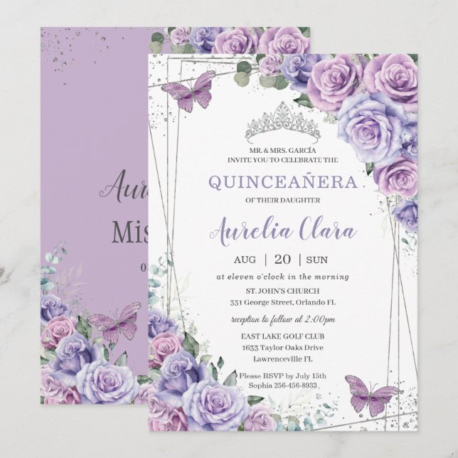 Invitación Quinceañera Purple Lilac Floral Butterflies Plata (Anverso / Reverso)