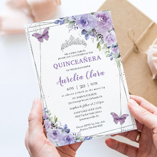 Invitación Quinceañera Purple Lilac Floral Butterflies Plata