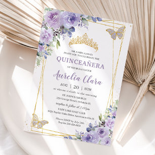 Invitación Quinceañera Purple Lilac Floral Butterflies Tiara