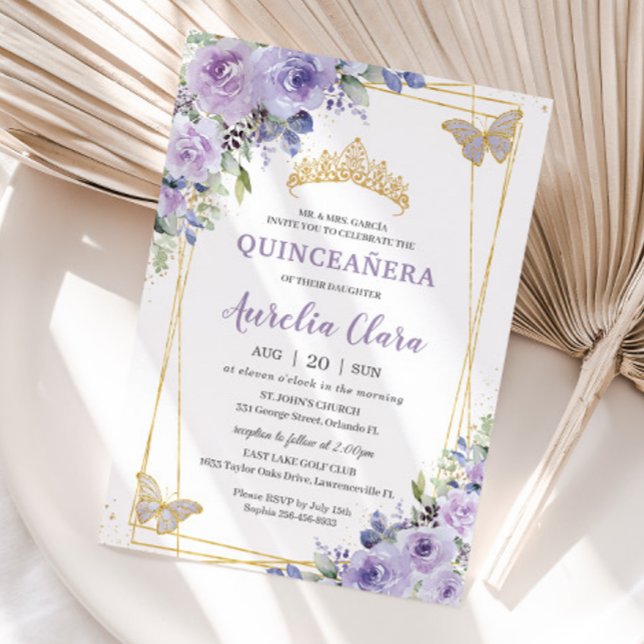 Invitación Quinceañera Purple Lilac Floral Butterflies Tiara (purple-lilac-lavender-floral-butterflies-silver-quinceanera-birthday-sweet-sixteen-invitation-cards)