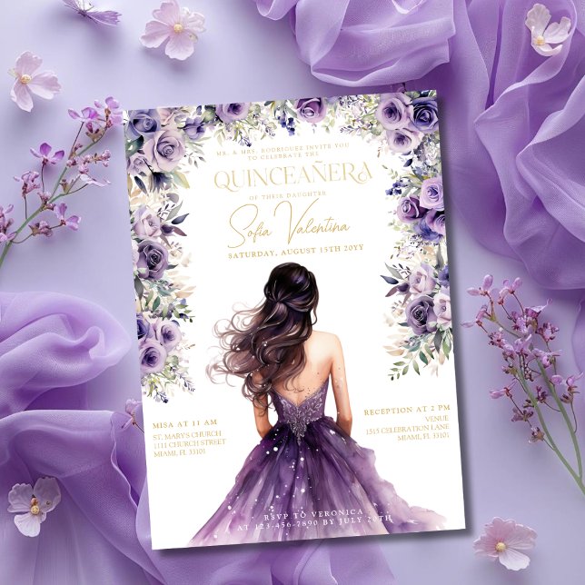 Invitación Quinceañera Purple Lilac Floral Gold Princess Gown (Quinceañera Purple Lilac Floral Gold Princess Gown Invitation)