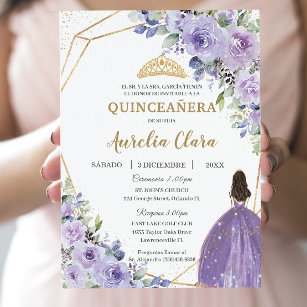 Invitación Quinceañera Purple Lilac Floral Princesa Española