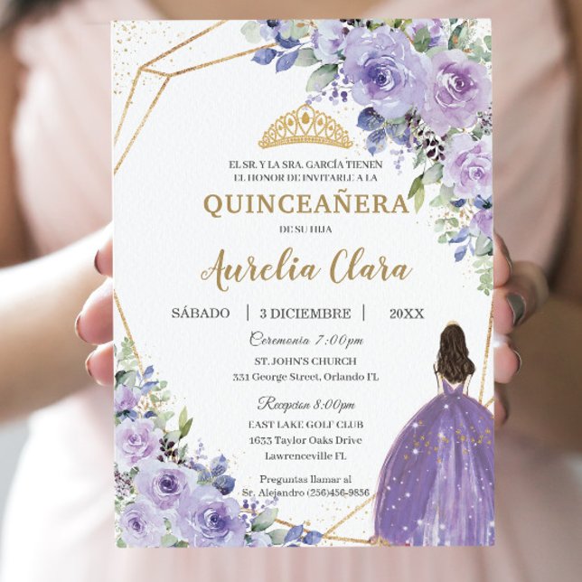 Invitación Quinceañera Purple Lilac Floral Princesa Española (Subido por el creador)