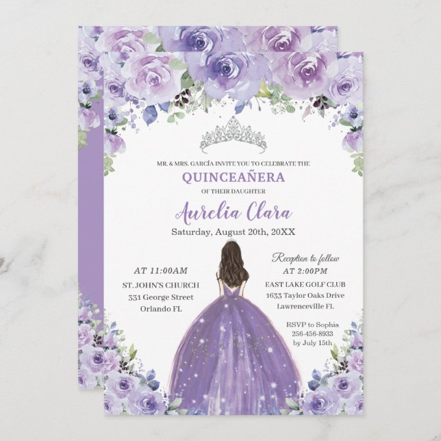 Invitación Quinceañera Purple Lilac Floral Princesa Nacimient (Anverso / Reverso)