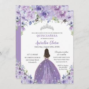 Invitación Quinceañera Purple Lilac Floral Princesa Nacimient