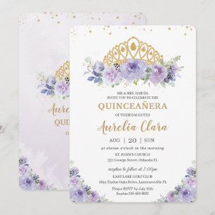 Invitación Quinceañera Purple Lilac Floral Princesa Tiara