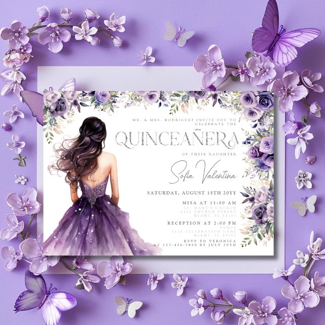 Invitación Quinceañera Purple Lilac Floral Silver Gown (Quinceañera Purple Lilac Floral Silver Gown Invitation)