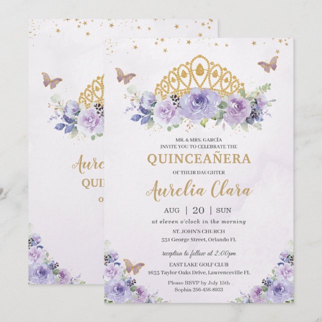 Invitación Quinceañera Purple Lilac Floral Tiara Butterflies (Anverso / Reverso)