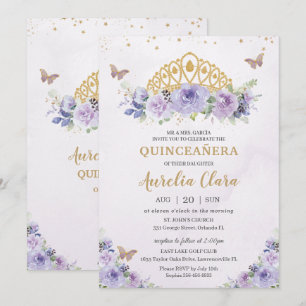 Invitación Quinceañera Purple Lilac Floral Tiara Butterflies