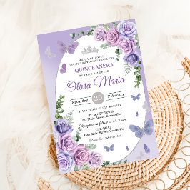 Invitación Quinceañera Purple Lilac Floral Tiara Butterflies