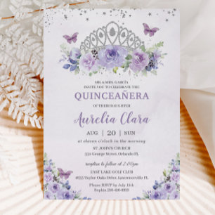Invitación Quinceañera Purple Lilac Floral Tiara Butterflies