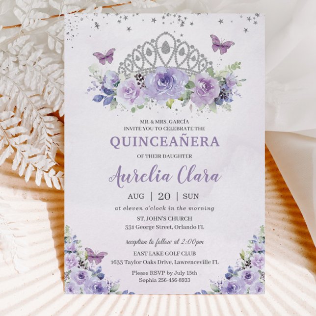 Invitación Quinceañera Purple Lilac Floral Tiara Butterflies (purple-lilac-lavender-floral-silver-crown-quinceanera-sweet-sixteen-birthday-invitation-cards)