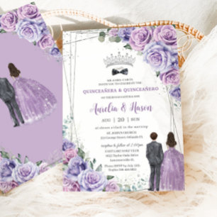 Invitación Quinceañera Purple Lilac Floral Twins Boy Chica
