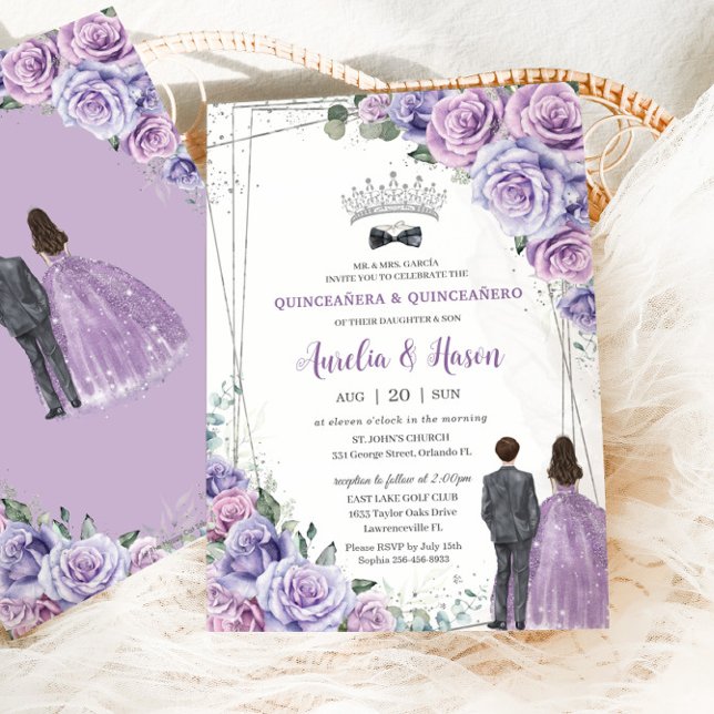 Invitación Quinceañera Purple Lilac Floral Twins Boy Chica (Subido por el creador)