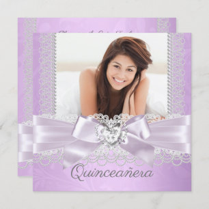 Invitación Quinceanera Purple Lilac Lace Damask Diamond Heart