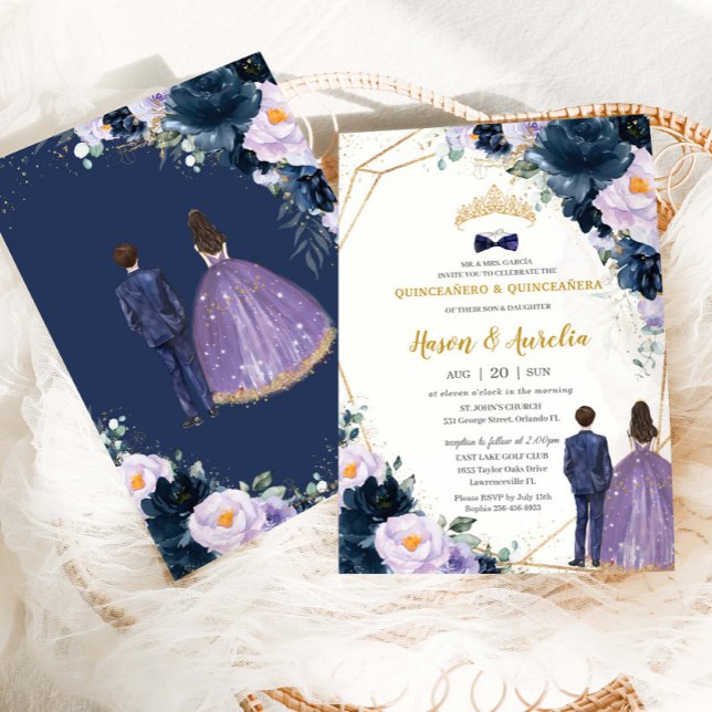 Invitación Quinceañera Purple Lilac Navy Blue Floral Twins (Subido por el creador)