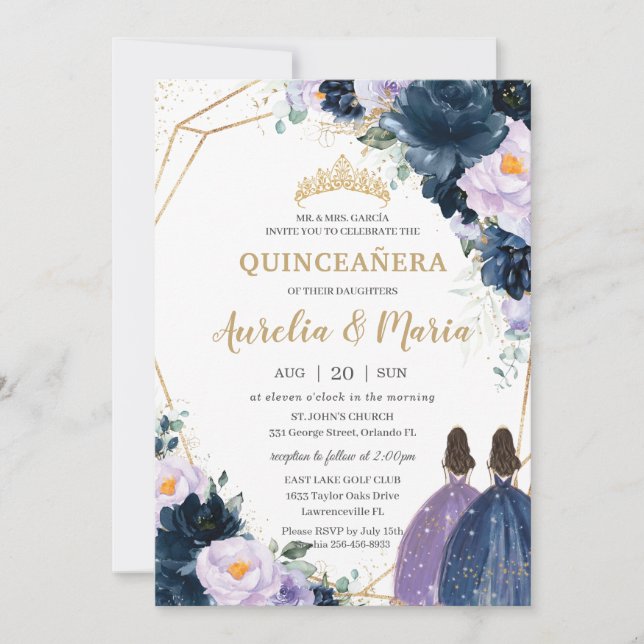 Invitación Quinceañera Purple Lilac Navy Blue Floral Twins (Anverso)