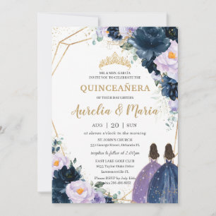Invitación Quinceañera Purple Lilac Navy Blue Floral Twins