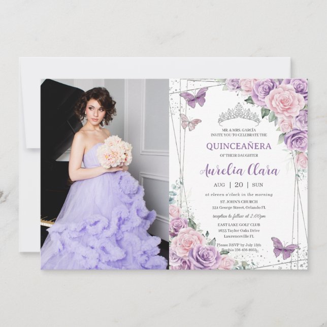 Invitación Quinceañera Purple Lilac Pink Floral (Anverso)