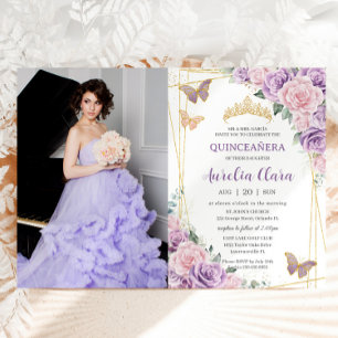 Invitación Quinceañera Purple Lilac Pink Floral