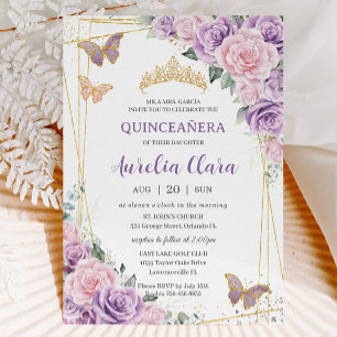 Invitación Quinceañera Purple Lilac Pink Floral