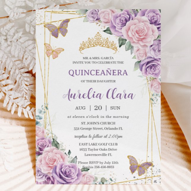 Invitación Quinceañera Purple Lilac Pink Floral (purple lilac pale pink roses floral quinceanera xv birthday invitation cards printed and digital)
