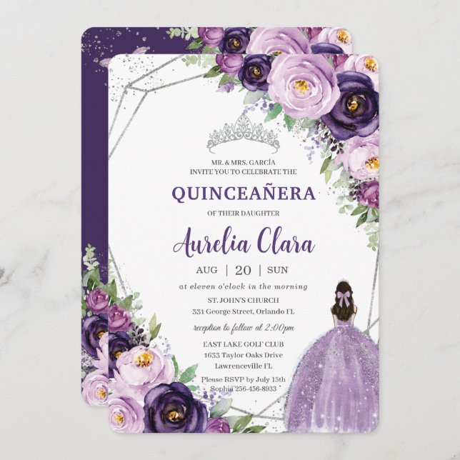 Invitación Quinceañera Purple Lilac Plum Floral Plata Vestido (Anverso / Reverso)