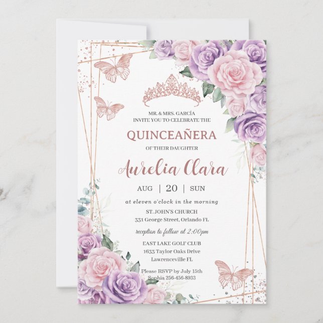 Invitación Quinceañera Purple Lilac Rosa Floral Rosa Oro (Anverso)