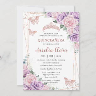 Invitación Quinceañera Purple Lilac Rosa Floral Rosa Oro